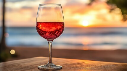 A glass of red wine is sitting on a table by the ocean. The sun is setting, casting a warm glow over the scene. The wine glass is half full, and the wine inside is a deep red color