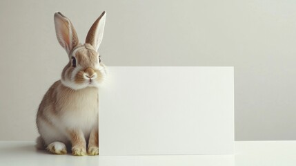 Obraz premium Playful rabbit with blank card indoor setting cute animal photography minimalist environment close-up view pet concept