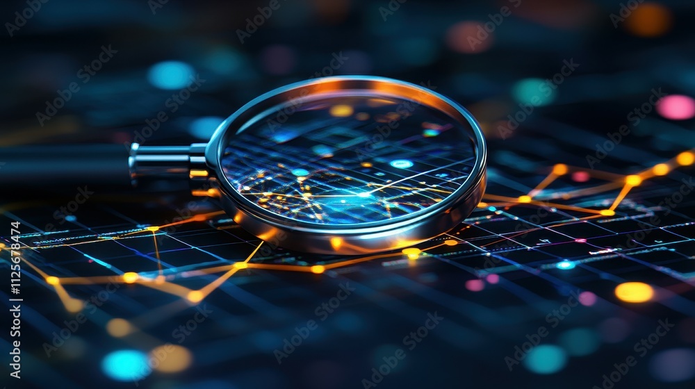 Poster a magnifying glass is on a black background with a lot of lines and dots. concept of curiosity and e