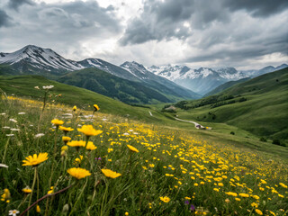 Fototapeta premium flowers in the mountains. mountain, nature, meadow, landscape, sky, flower, summer, flowers, spring, mountains, grass, field, yellow, alps, green, clouds, alpine, travel, view, forest, rock, tree, hil