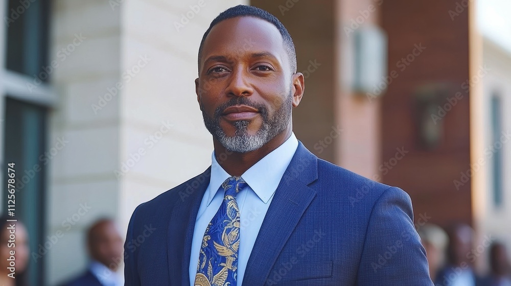 Aufkleber a man in a suit and tie stands in front of a building. he is smiling and looking directly at the cam