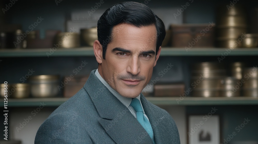 Poster a man in a suit and tie is standing in front of a shelf of items. he is wearing a blue tie and has a
