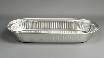Disposable aluminum oval roasting pan, perfect for catering or home use.  Ideal for baking, roasting, and serving food. Shiny, metallic finish.
