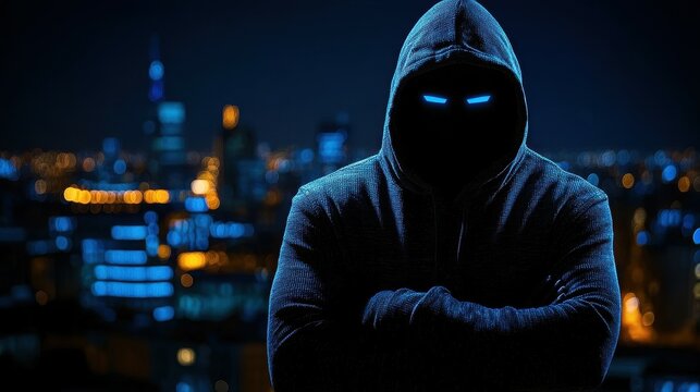 A man in a hoodie is standing in front of a city skyline. The hoodie is black and the man's eyes are glowing blue. The image has a mysterious and ominous mood