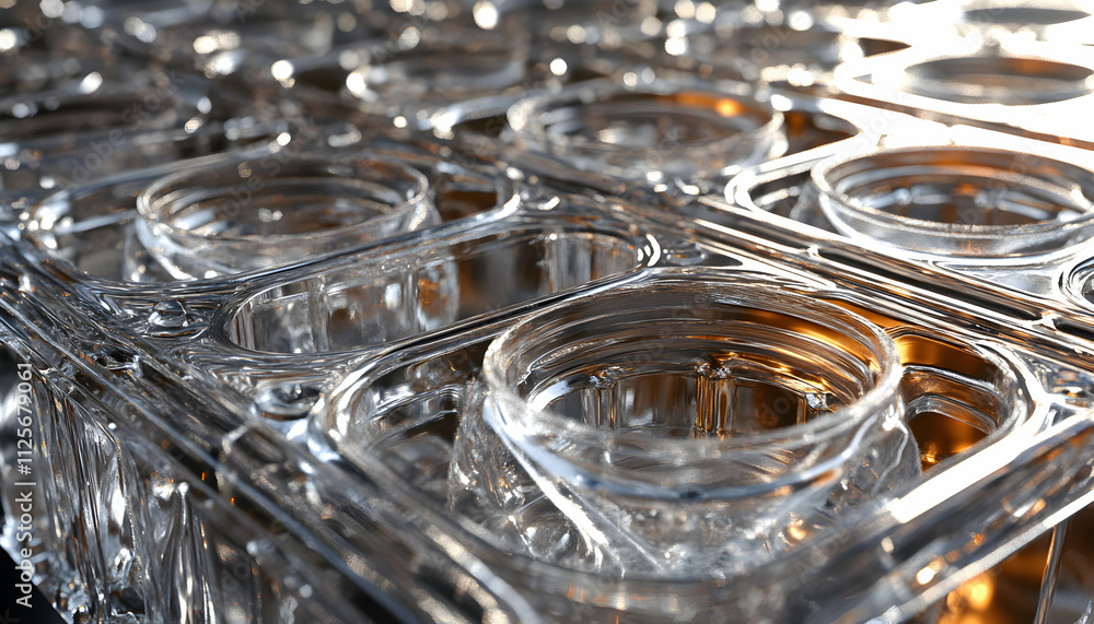 Poster close-up of a transparent multi-well plate, highlighting its intricate design and texture. ideal for