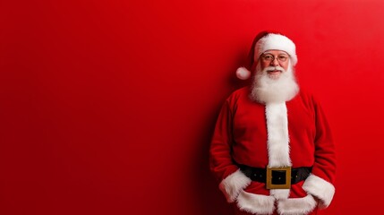 Man in a red Santa Claus suit stands in front of a red wall