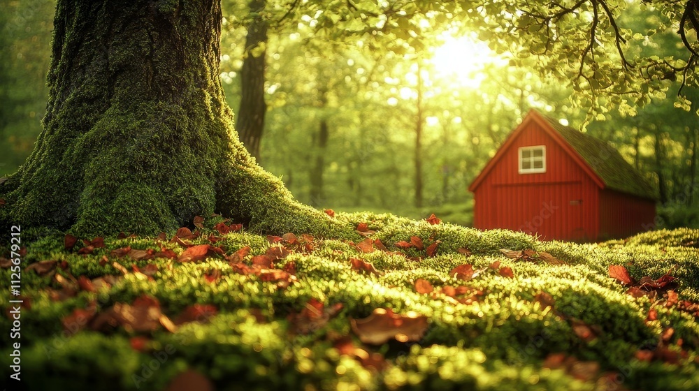 Poster a red house is in the middle of a forest with a tree trunk in front of it. the house is surrounded b