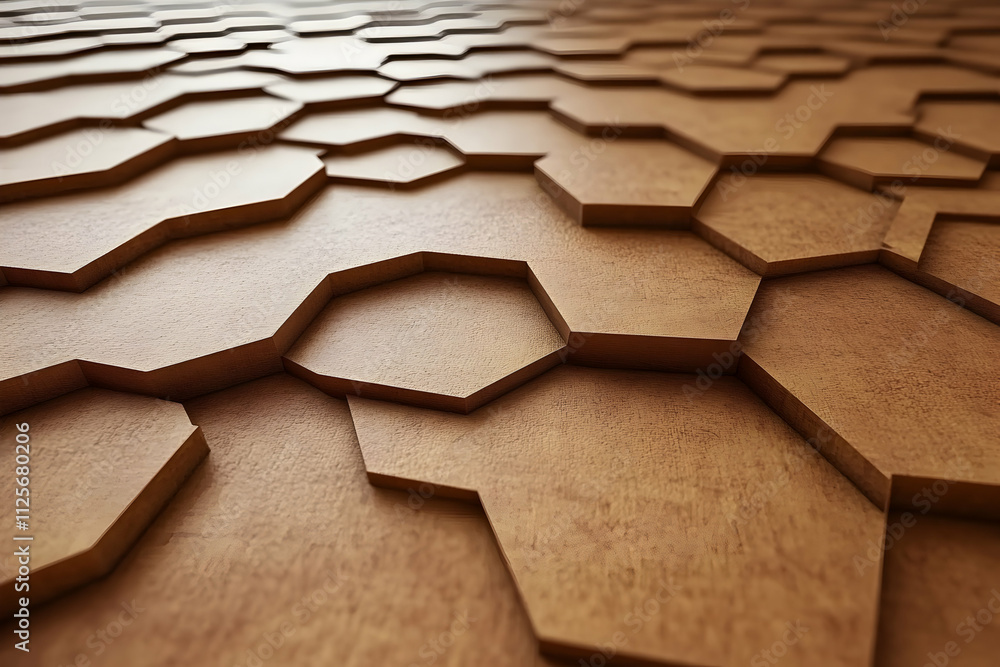 Poster abstract hexagonal wooden pattern, textured brown surface, geometric background, 3d rendering, desig