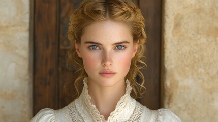 Fototapeta premium A woman with a red face and blonde hair is standing in front of a wooden door. She is wearing a white dress and has a lace collar