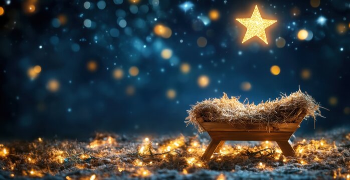 A small manger filled with hay and an empty cradle, illuminated by the bright star of Bethlehem in the sky, symbolizing Jesus' birth on Christmas night Generative AI