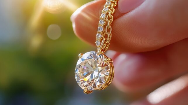 Close-up of a hand holding a dazzling solitaire diamond pendant necklace with a gold chain.