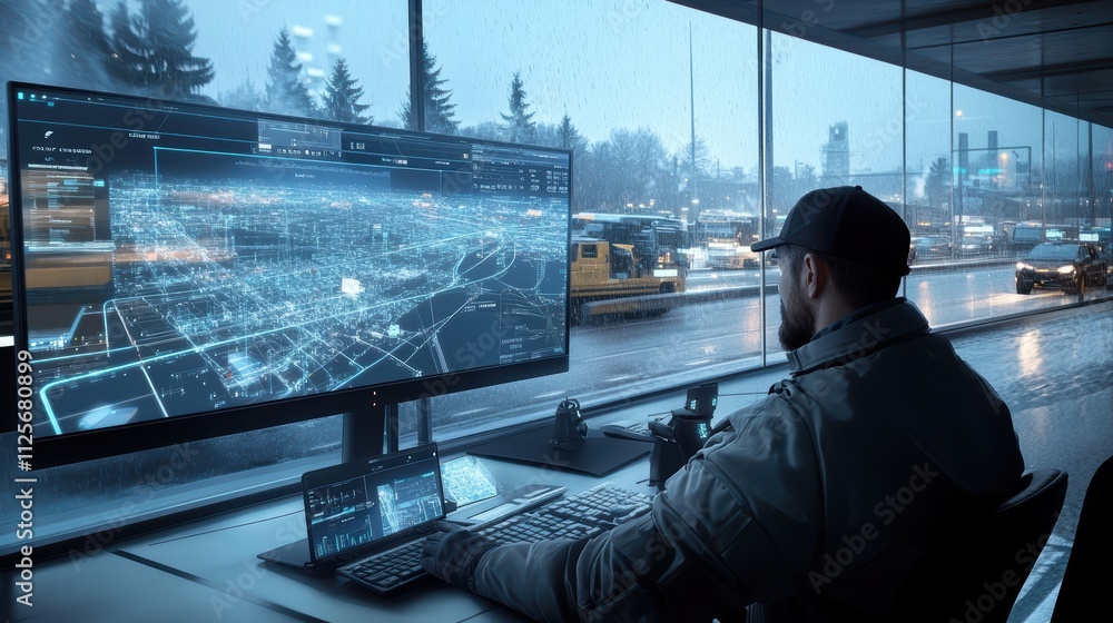 Poster cybersecurity analyst monitoring data streams in urban control room technology environment futuristi