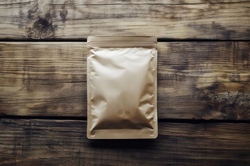 A sealed, neutral-colored packaging pouch on a wooden surface.