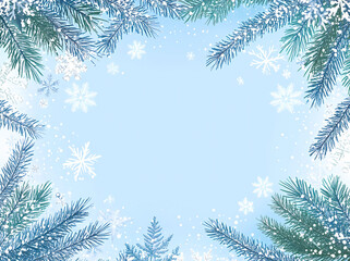 Fir tree branches framed with snowflakes on a light blue background, vector illustration