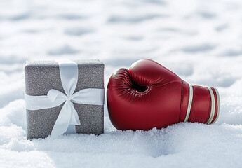 Photo of wrapped gift and red boxing glove laying in fresh white snow for boxing day giving