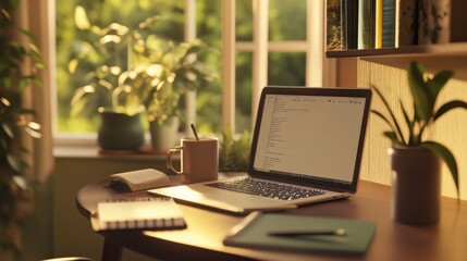Fototapeta premium Home office setup during golden hour cozy living space digital workspace indoor perspective on productivity and comfort
