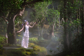 Portrait fantasy Angel Fairy Tale woman in forest natural trees. Elf girl fashion in pink dress with butterfly wings fairy tale story world. Walks in fresh green trees with magic radiance.