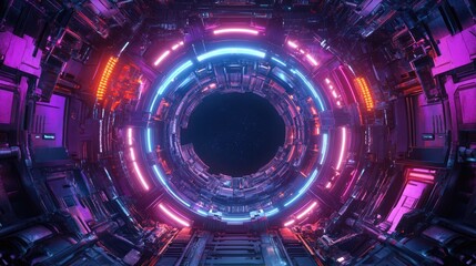 High tech portal with neon illumination in spaceship. Equipment for teleportation cyberpunk world. Science fantasy 3d illustration