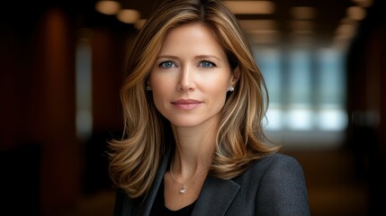 A woman with long brown hair and a necklace is standing in front of a wall. She is wearing a black jacket and a black shirt