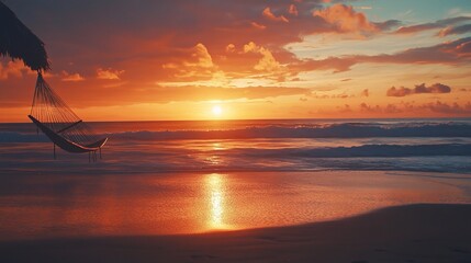 Tranquil Tropical Sunset Over a Serene Beach with a Hammock