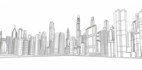 A city skyline with tall buildings and a river running through it