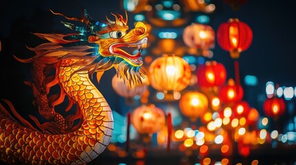 Fototapeta premium Chinese new year, Traditional Chinese lanterns display in Temple illuminated for Chinese new year festival, at night. Year of dragon