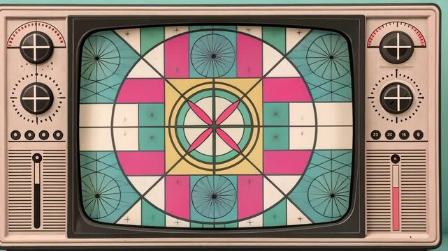 Test Pattern A vintage analog screen displays an intricate test pattern characterized by bold geometric shapes and soft pastel colors creating a sense of nostalgia for old media