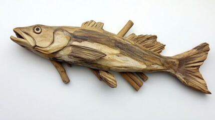 Fototapeta premium Intricate wooden fish sculpture with driftwood accents.