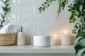 Fototapeta premium A serene bathroom shelf featuring natural decor and skincare products for relaxation.
