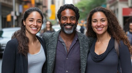 Three people are smiling for the camera. One of them is wearing a gray jacket. The man is smiling and the woman is smiling