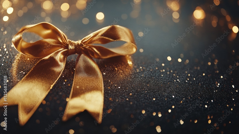 Poster An elegant golden ribbon is tied in a perfect bow resting on a shimmering surface, enhancing the festive atmosphere for New Year. Generative AI