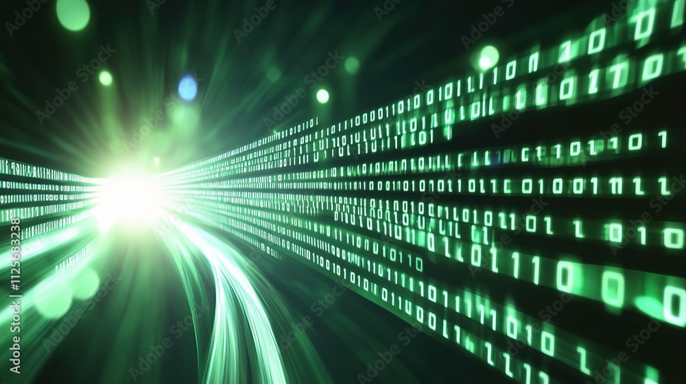Poster digital matrix code with glowing lines on dark backdrop
