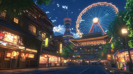 Obraz premium A vibrant cityscape featuring a Ferris wheel and illuminated storefronts at night.