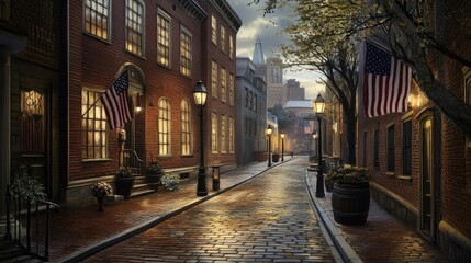 Fototapeta premium Historic Boston Street with Brick Buildings, Old-Fashioned Lamps, and American Flags
