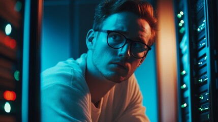 Cybersecurity expert analyzes network security breach data center digital content high-tech environment close-up view risk management