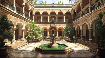 Obraz premium Historical Spanish Palace with Intricate Architecture, a Journey through Time Blending Cultural Heritage with the Beauty of Andalusian Design