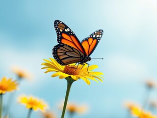 Obraz premium A beautiful monarch butterfly perched on a bright yellow daisy, wildlife, daisy, insect