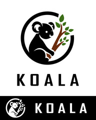 Modern koala logo design featuring a black koala sitting on a tree branch with green leaves