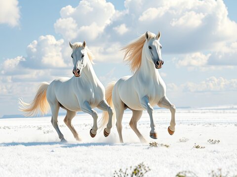 A pair of white horses galloping freely across a rolling white meadow , horse, meadow, freedom