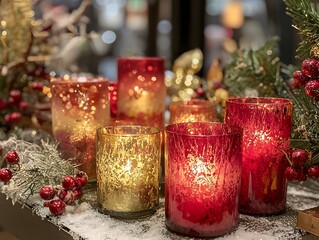 Frosted Glass Candle Display with Red and Gold Accents for Winter