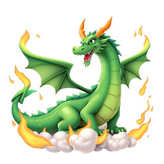 Fototapeta premium Cute Green Dragon Fantasy Illustration Mythical Creature Fire Clouds Wings