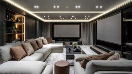 Home cinema with a projector and a large hall.