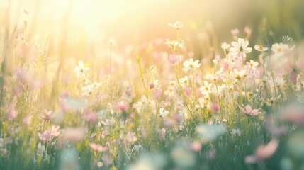 Fototapeta premium A serene field of blooming flowers illuminated by soft sunlight.