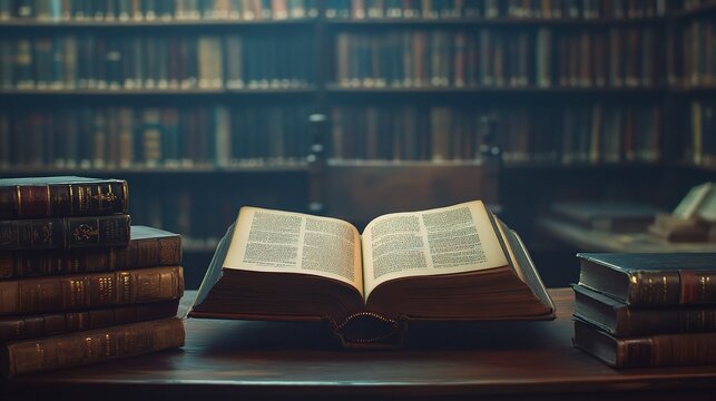 Open Book on Table Surrounded by Stacks of Books in Library Setting