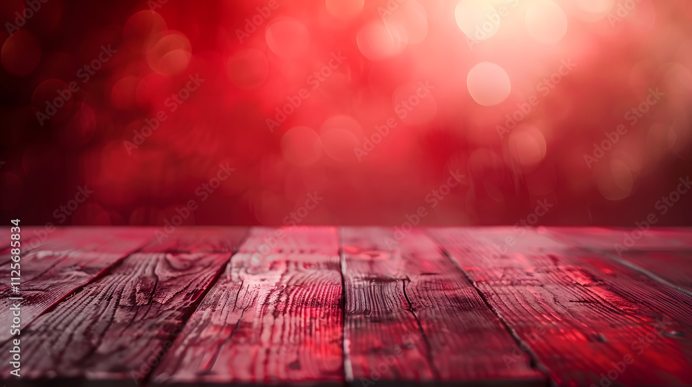 Poster a wooden table in the foreground with a blurred red bokeh background.