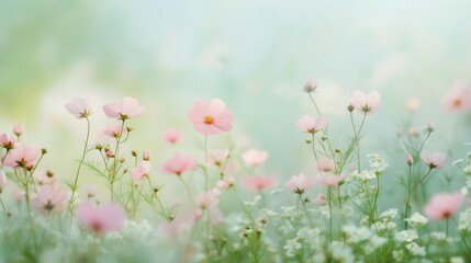 Obraz premium A serene field of pink flowers amidst soft green hues, evoking tranquility and beauty.