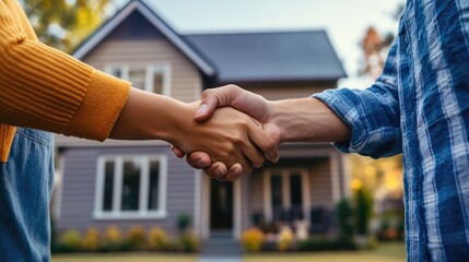 Home for rent. A diverse pair of individuals standing in front of a house handshake, buying new house