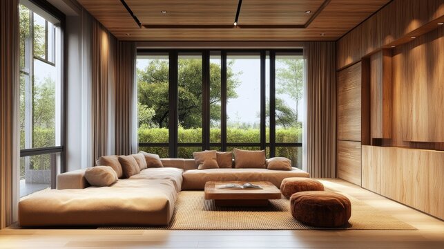 home interior design concept with cosy living room design by farm house scheme concept living room with wooden decorate light from window sofa and comfort ambient atmoshere home design,ai generate