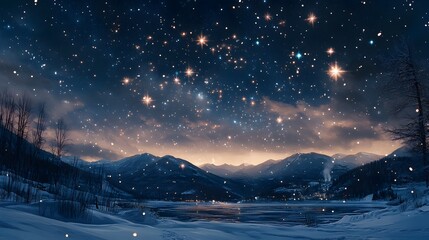Fototapeta premium Peaceful winter landscape with snow and twinkling stars at dusk.