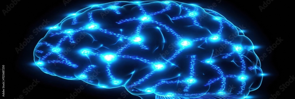 Aufkleber Detailed visualization of a brain highlighting glowing blue neural pathways, symbolizing connectivity and cognitive function. Generative AI